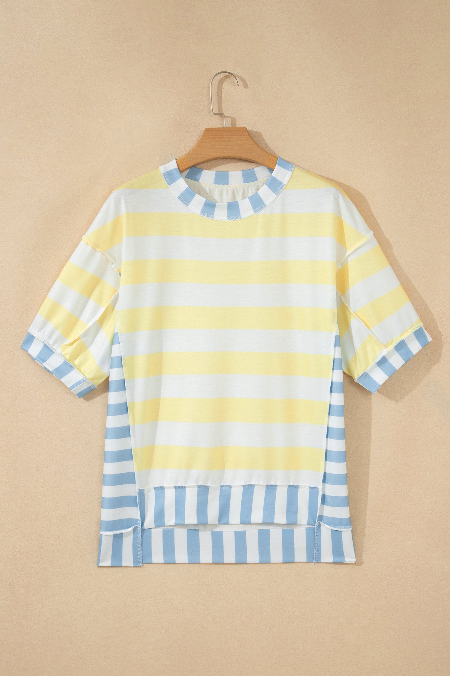 Yellow Stripe Exposed Seam Contrast Patchwork Oversized Top