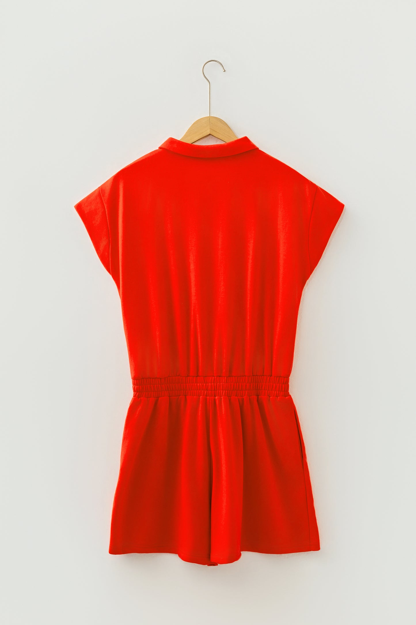 Tomato Red Half Zip Polo Tee Elastic Waist Romper