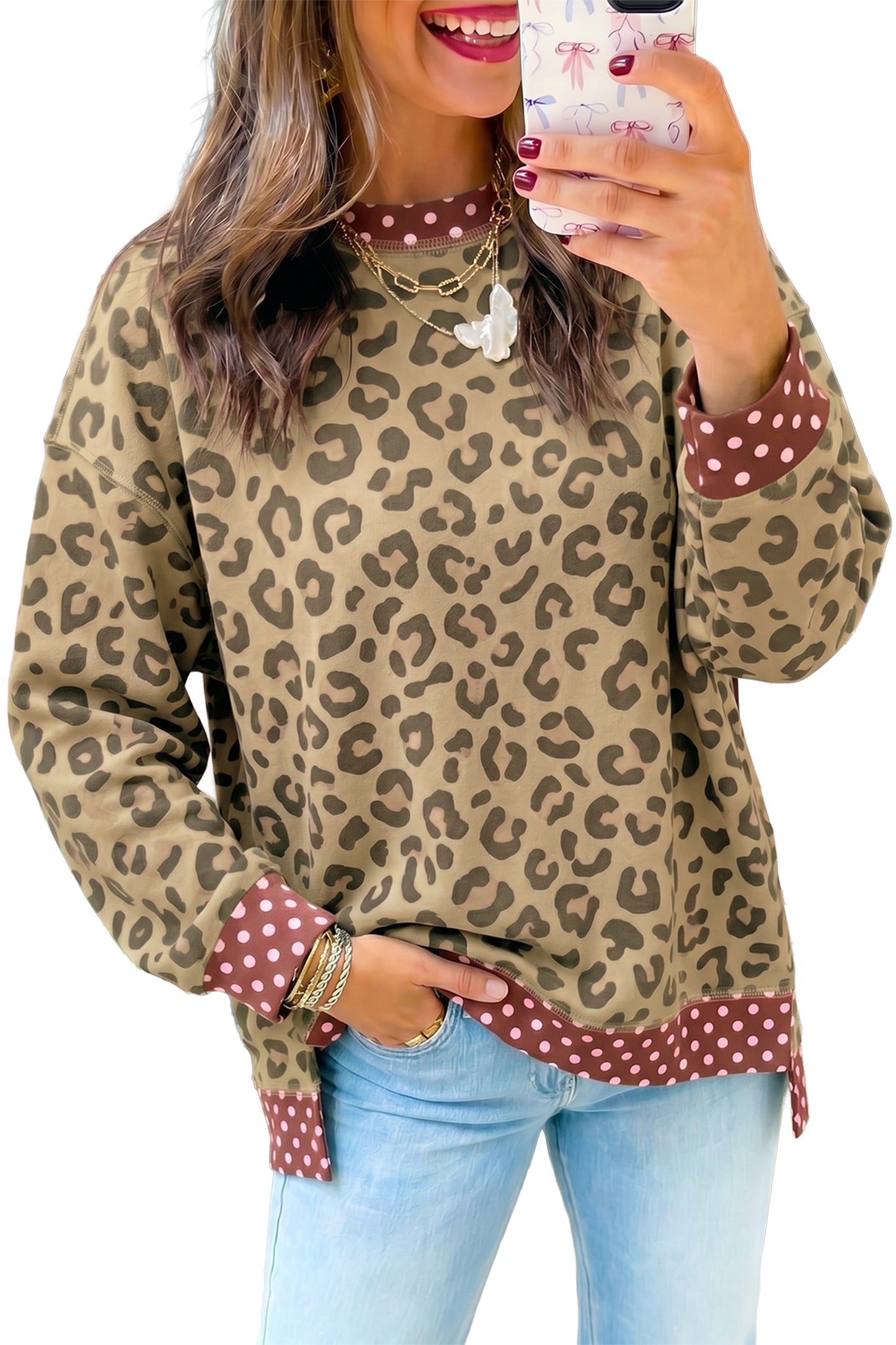 Pink Leopard Polka Dot Colorblock Trim Long Sleeve Top