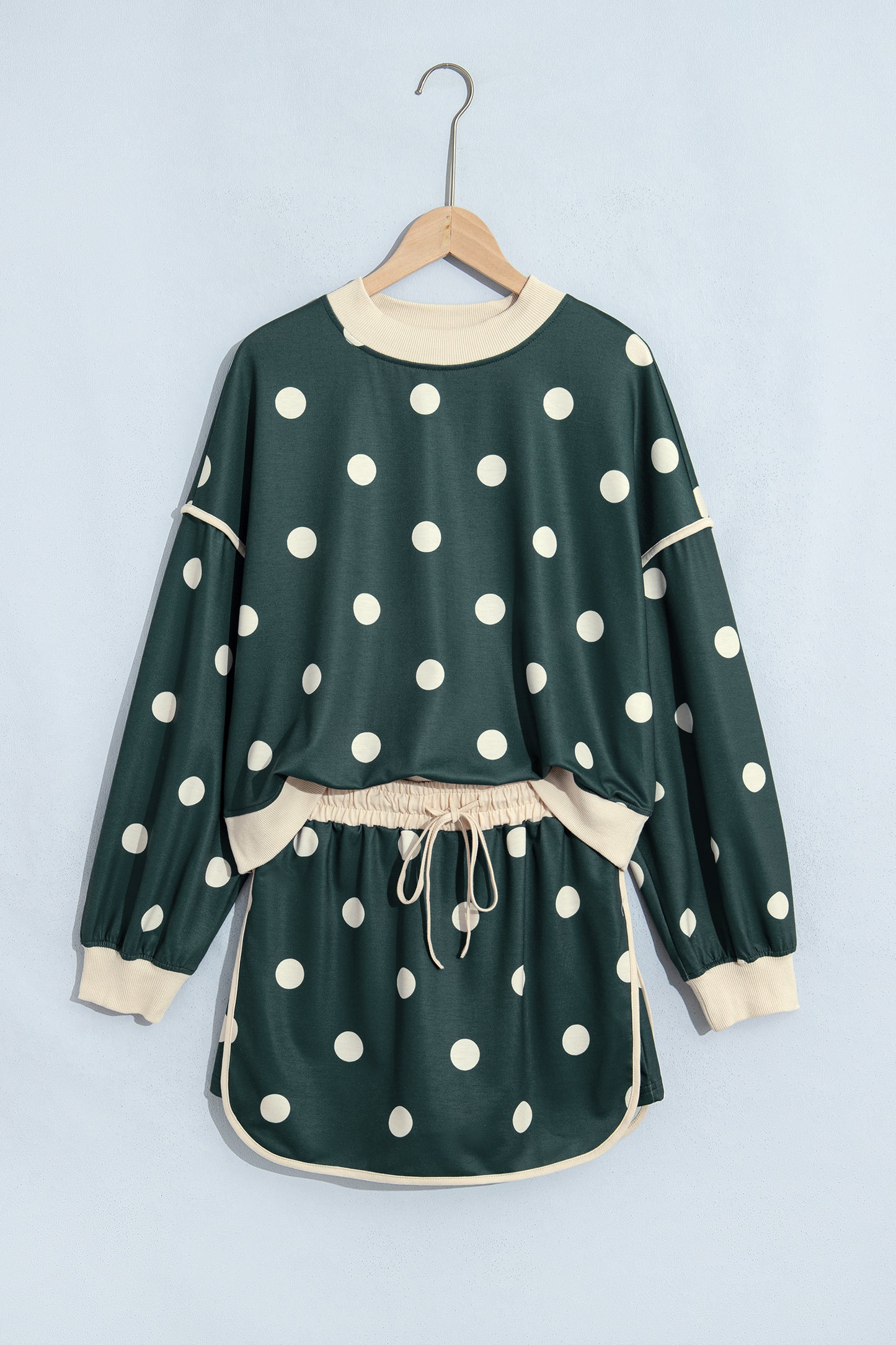 Green Polka Dot Print Color Block Trim Baggy Pullover Drawstring Skirt 2pcs Set