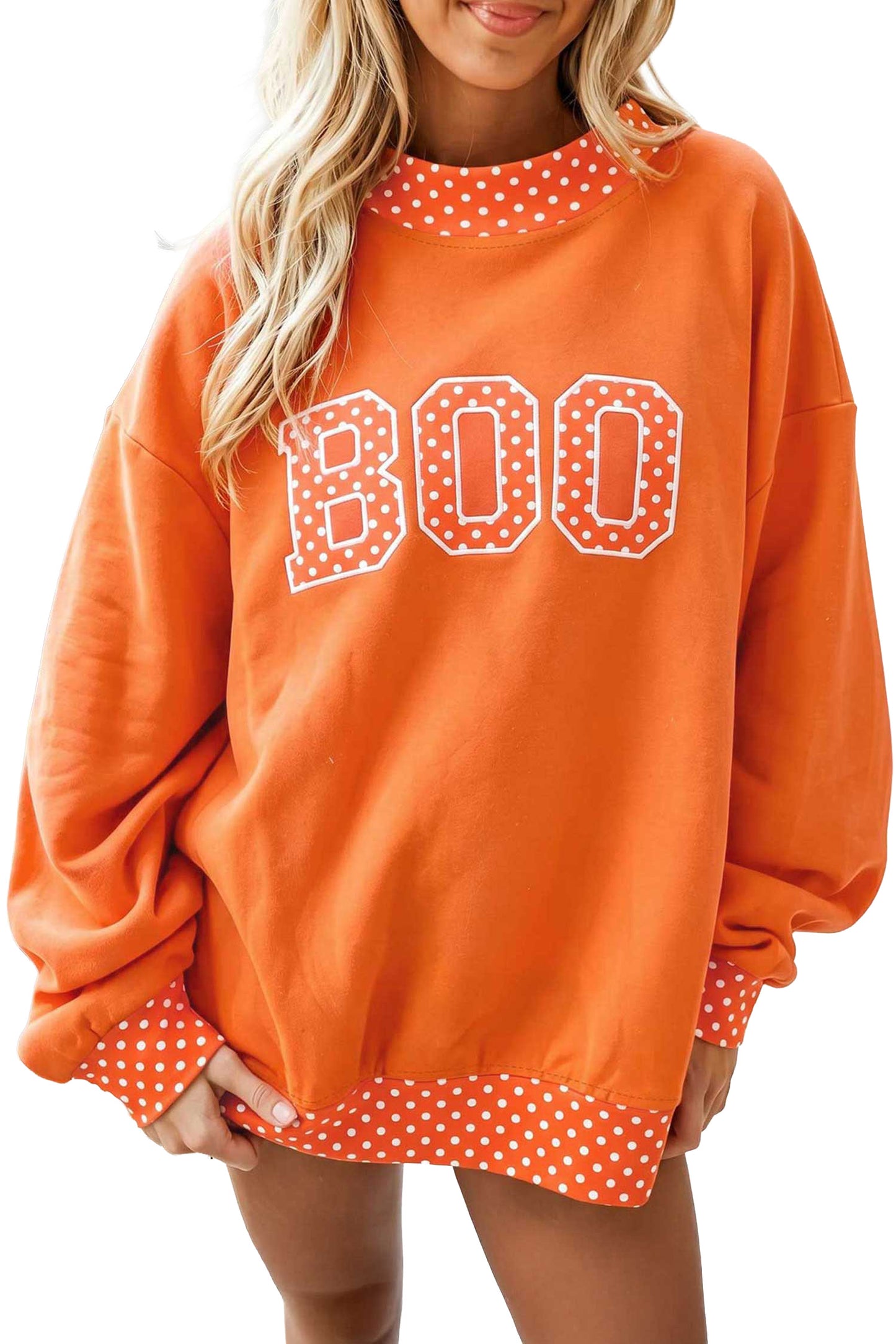Tomato Red Polka Dot Letter Print Contrast Trim Mock Neck Sweatshirt