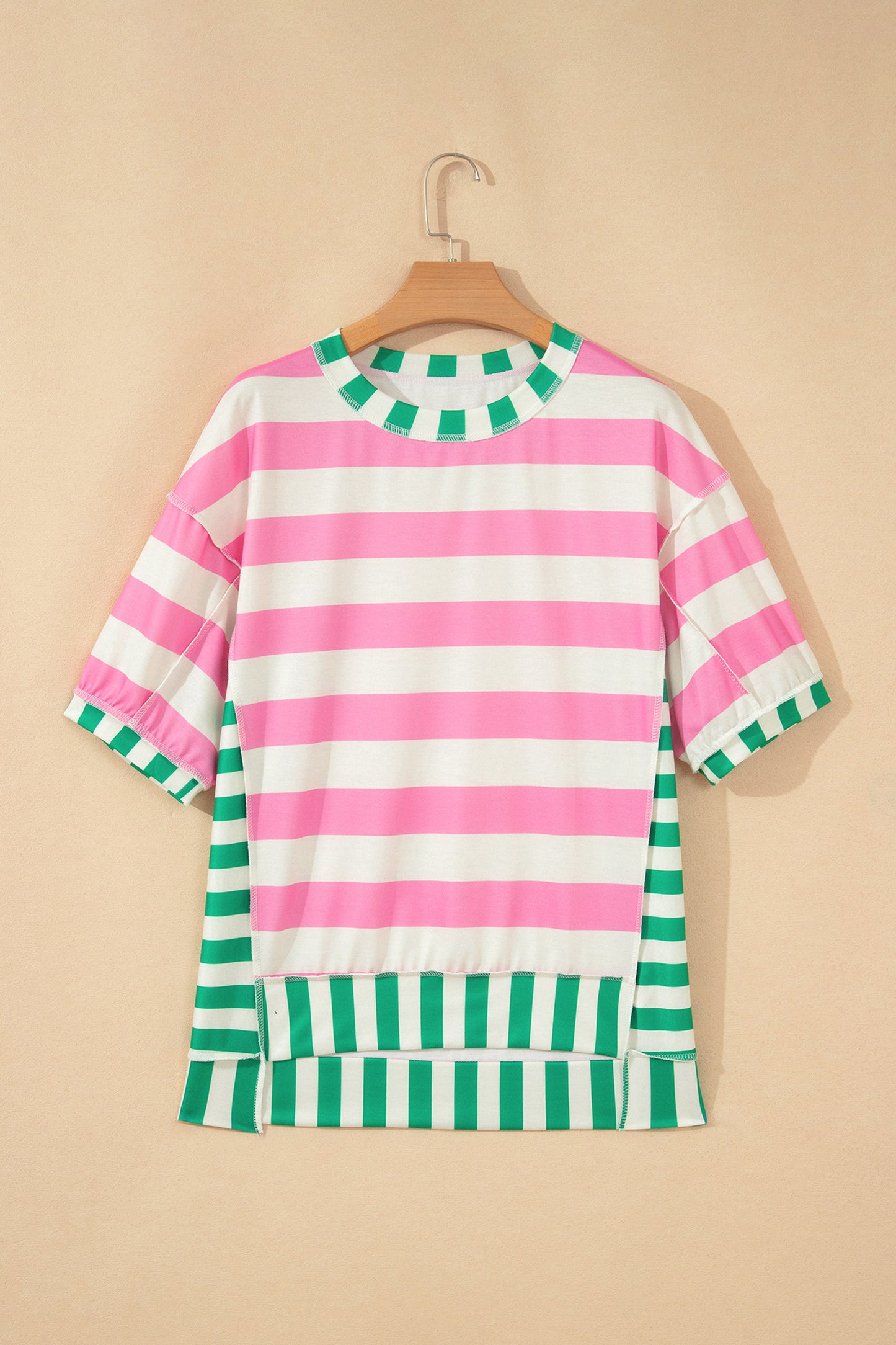Yellow Stripe Exposed Seam Contrast Patchwork Oversized Top