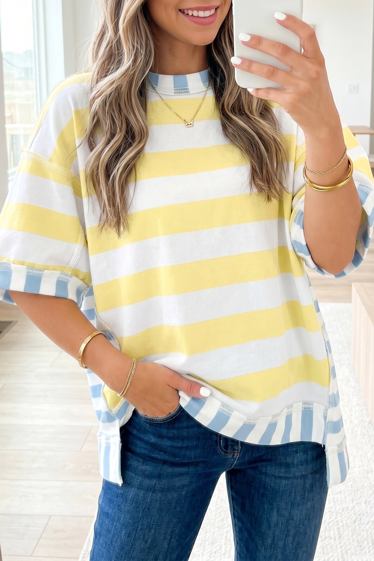 Yellow Stripe Exposed Seam Contrast Patchwork Oversized Top