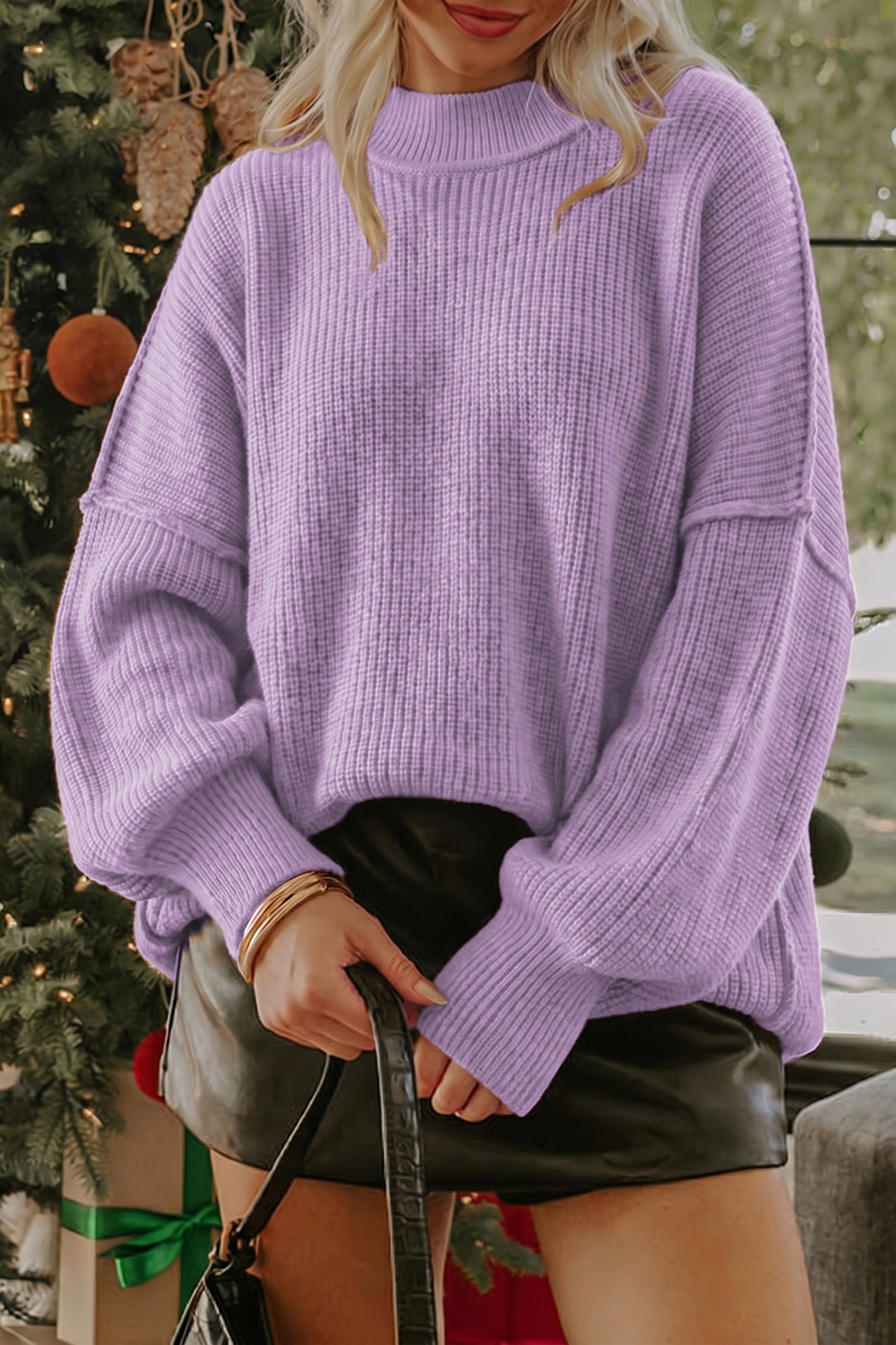 Orchid Bouquet Long Sleeve Ribbed Knit Stand Neck Regular Fit Pullover Sweater