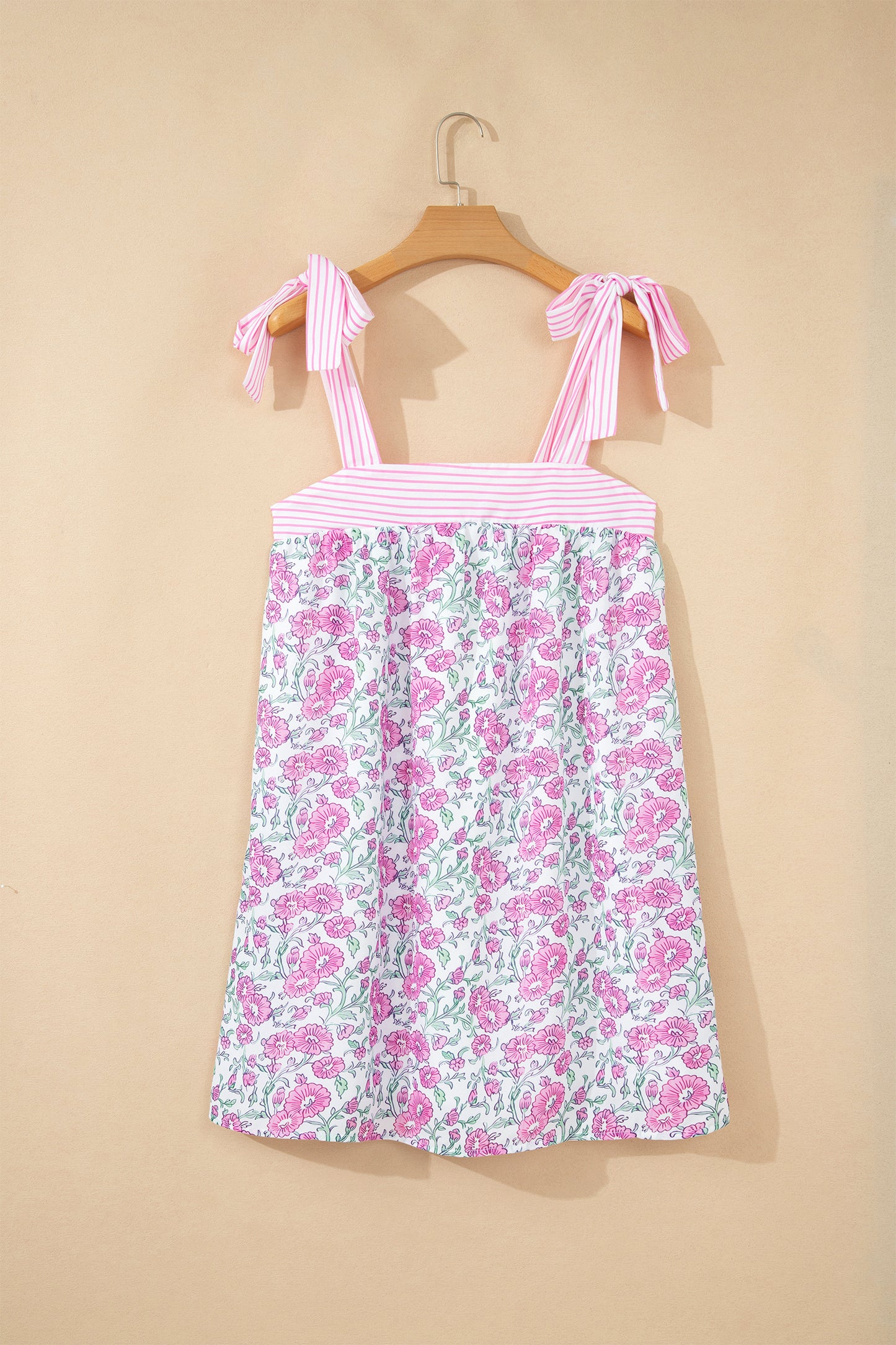 Sky Blue Floral Print Striped Patchwork Bow Knot Straps Mini Dress