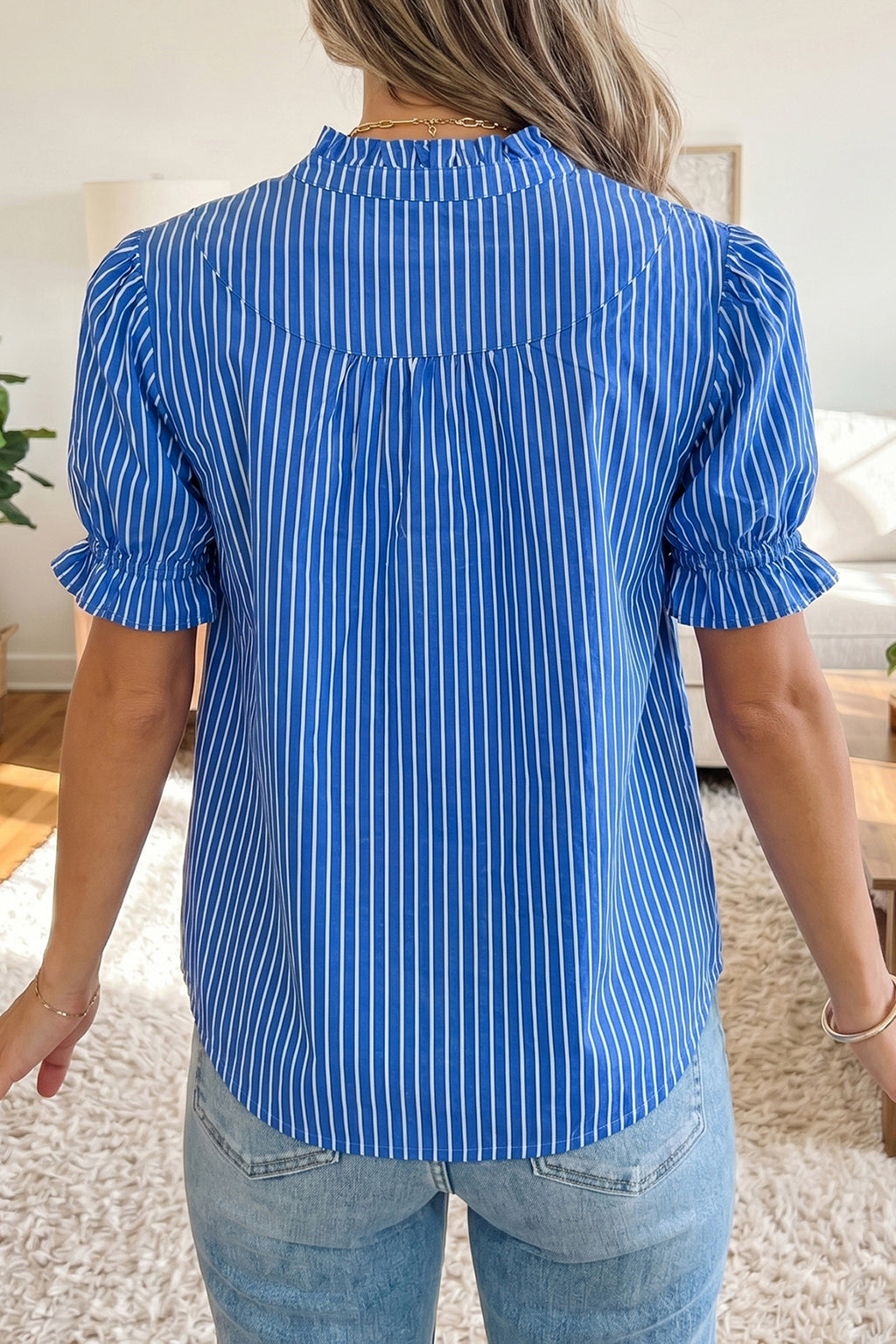 Red Stripe Ruffled Short Puff Sleeve Button Front Blouse