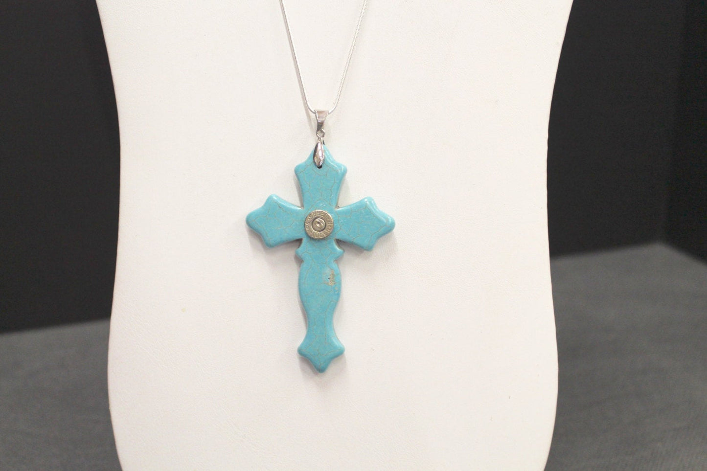 Turquoise Cross Pendant With 9mm Bullet Head on Silver Chain, Southwestern Style, Bullet Jewelry Gift For Her, Girlfriend Gift