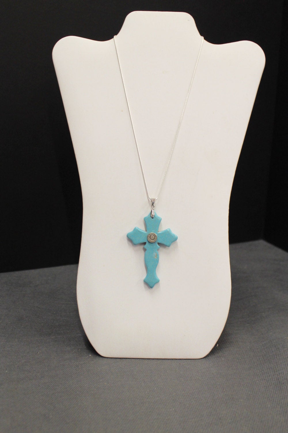 Turquoise Cross Pendant With 9mm Bullet Head on Silver Chain, Southwestern Style, Bullet Jewelry Gift For Her, Girlfriend Gift
