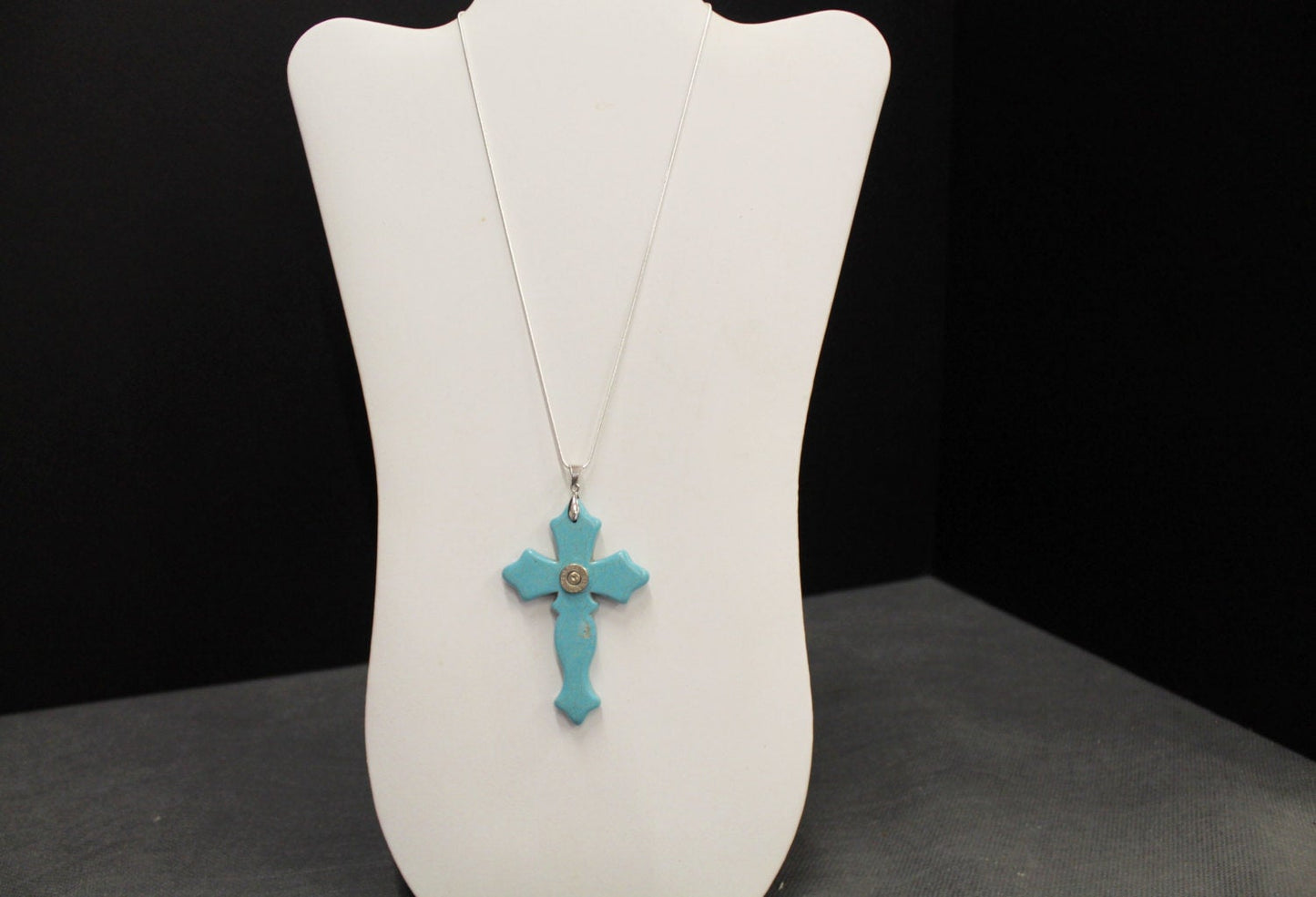 Turquoise Cross Pendant With 9mm Bullet Head on Silver Chain, Southwestern Style, Bullet Jewelry Gift For Her, Girlfriend Gift