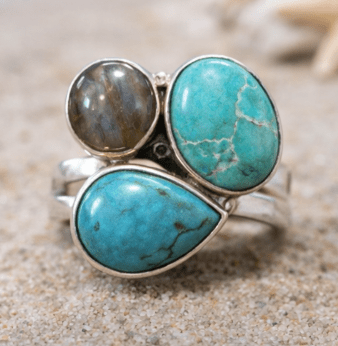 Sterling Silver Turquoise & Labradorite Ring – Coastal Statement Jewelry Size 6.5