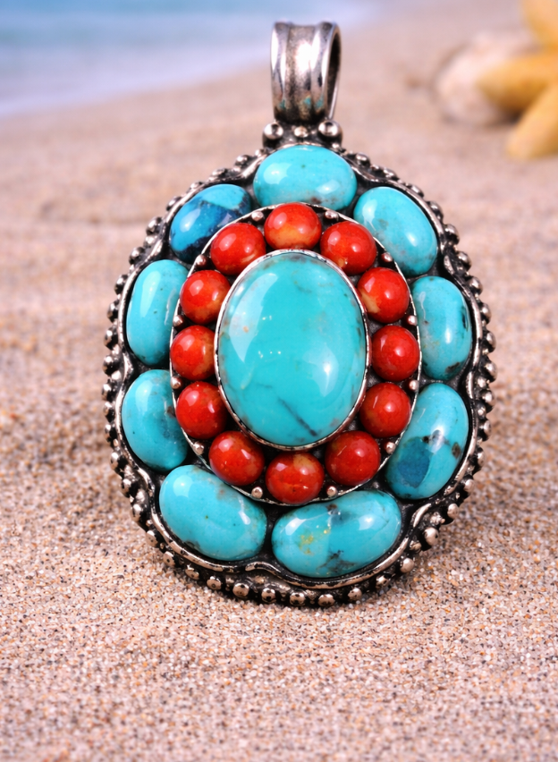 Sterling Silver Turquoise & Red Coral Pendant – Southwest Statement Jewelry