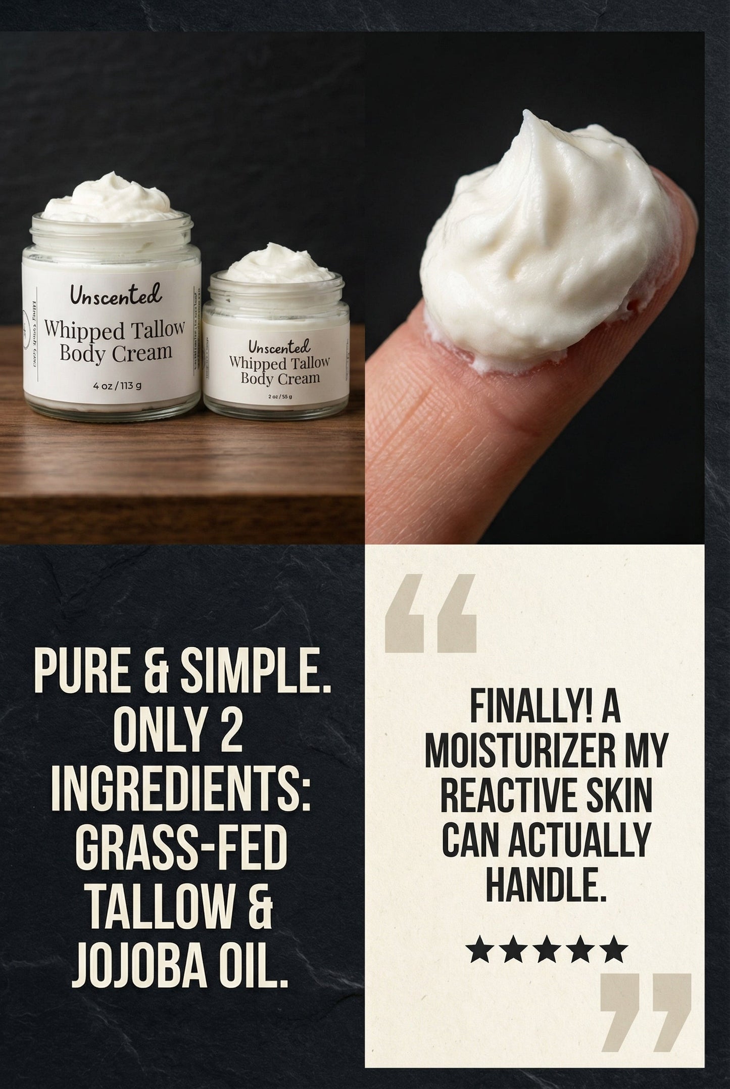 Unscented Whipped Tallow Cream – Grass-Fed, 2-Ingredient Moisturizer for Sensitive Skin (2 oz & 4 oz)
